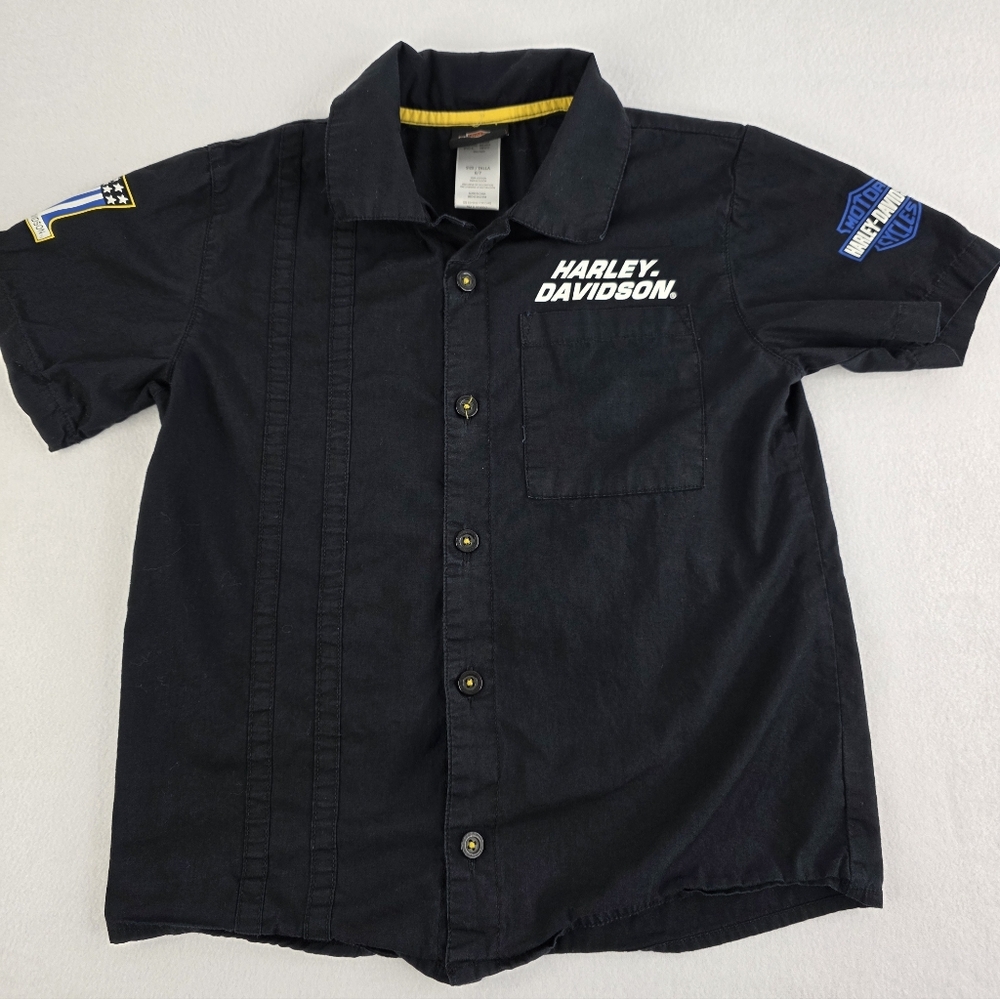 Harley-Davidson Boy's Black Short Sleeve Button-Up White Logo Size 6/7 P-3357